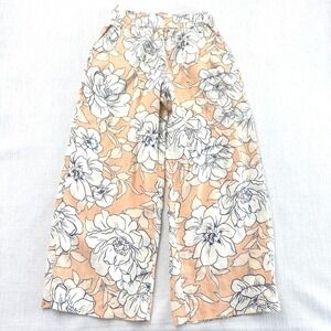 Rachel Zoe 100% Linen Wide Leg Pants Womens Small Peach Floral‎ Pull On Pockets